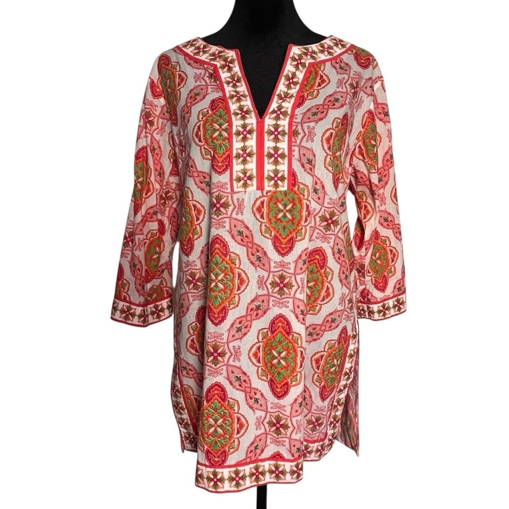 Gretchen Scott Lightweight Pink Orange Medallion Boho Cotton Tunic Top — Size M - Picture 4 of 15